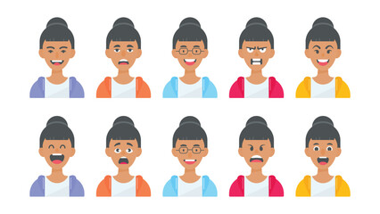 Ladies cartoon character with different skin colors and dress, vector illustration