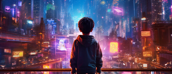 Kid standing in front of cyberpunk neon colored city - Generative AI