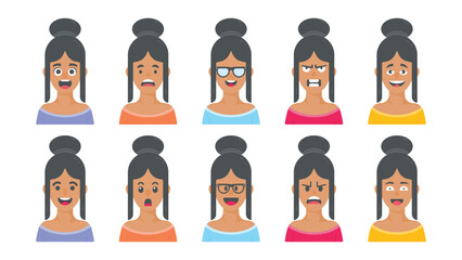 Flat angry, wow, shocked, crying, upset, young people profile avatar set, vector illustration