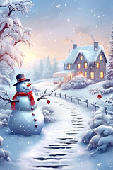 Obraz premium Cozy countryside watercolor winter landscape. Fairytale winter watercolor illustration. Vintage hand painted card with old houses snowman.