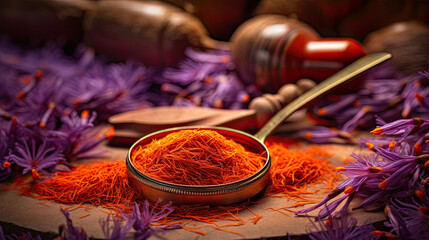 Dried saffron and crocus flower on grey table, space for text