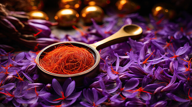 Dried saffron and crocus flower on grey table, space for text