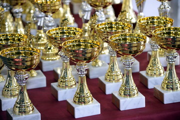 Fototapeta na wymiar Beautiful golden trophies close up photography. Gold award prize. First winner.