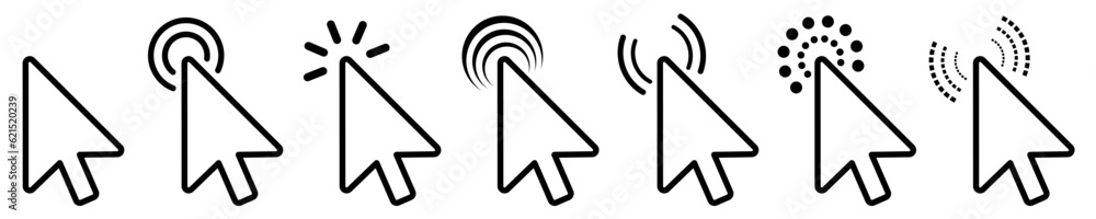 Poster Set of flat cursor icons. Click or press cursor set. Arrow pointer, loading, progress – vector