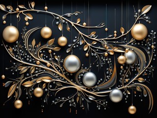 golden christmas balls on branches in the dark, in the style of mixes realistic