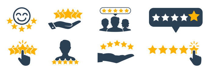 Five stars from customers set icons, rating signs, customer reviews sign, rating service, good client satisfaction, user experience best customer feedback concept – stock vector - obrazy, fototapety, plakaty