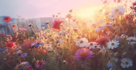 sunset beautiful plant violet field pink background meadow flower nature blooming. Generative AI.