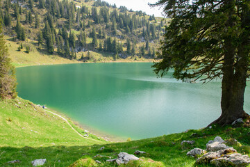 Beautiful swiss alpine landscape with a mountain lake.
