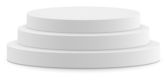 Empty white round podium, modern pedestal and platform, stand stage, cylinder, round empty stages and podium stairs 3d template for product presentation, awards - vector