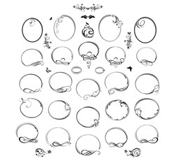 Decorative black oval, round frames and vignette set. Vintage calligraphic borders, ornaments for framed certificate template, diploma, menu and wedding design, invitations, header. Part 3