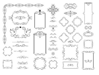 Decorative black frames and vignette set. Vintage calligraphic borders, ornate ornaments for framed certificate template, diploma, wedding design, invitations, page ruler, dividers, header, signboard.