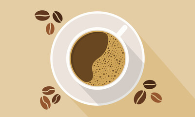 Cup coffee with beans top view with shadow. Coffee with foam. Vector illustration.