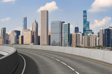 Empty urban asphalt road exterior with city buildings background. New modern highway concrete construction. Concept of way to success. Transportation logistic industry fast delivery. Chicago. USA. - obrazy, fototapety, plakaty