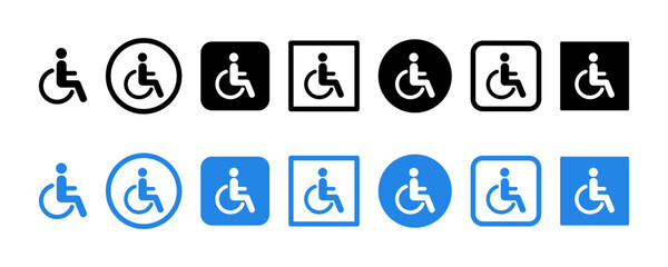 Set of handicap, invalid person vector signs. Disabled, wheelchair, carriage vector icons. Wc pictogram. - obrazy, fototapety, plakaty