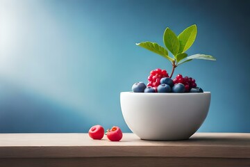 berries in the white cup of stone with blue background
