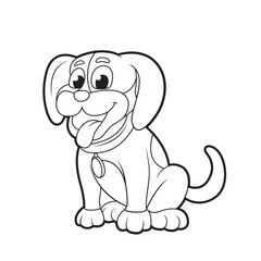 Cartoon Dog sit down Black and White Vector line drawing, white isolated background