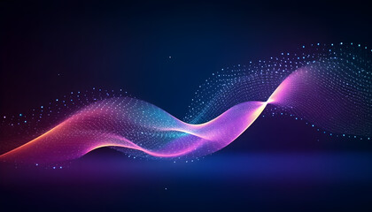 Bright wavy background. Glowing dots and lines. Neon light. Wave element for design. Smooth particle waves. Dynamic techno wallpaper. Multicolored.Generative AI
