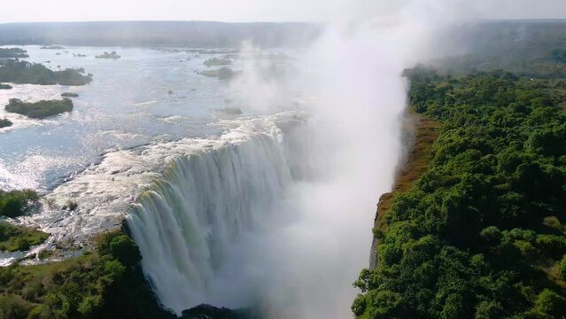 Aerial view of the mighty Victoria Falls Waterfall between Zambia and Zimbabwe
