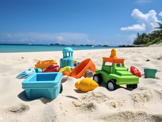 Fototapeta na wymiar Strandabenteuer: Kinderspielzeug zwischen Sandburgen und Wellen