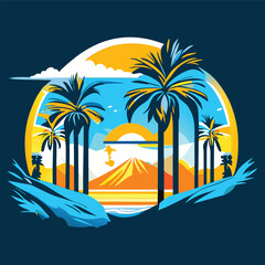 Set of Exotic Print with Palms for T-shirt. Summer Travel Backgrounds. Party and Vacation Banners. Nature Landscapes.