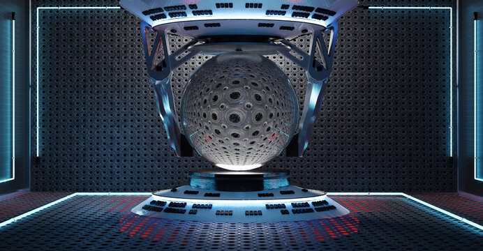 Cryonic circle capsule with power cables Glass tube with frozen liquid for hibernation sci fi teleport science technology cryopod laboratory equipment laboratory scene 3d illustration