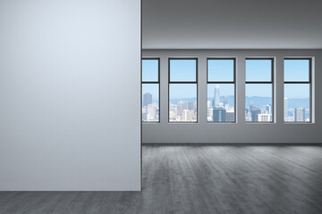 Downtown San Francisco City Skyline Buildings from High Rise Window. Beautiful Expensive Real Estate overlooking. Empty room Interior. Mockup wall. Skyscrapers Cityscape. Day. California. 3d rendering