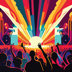 Illustration of large crowd of young people at live music event party festival.