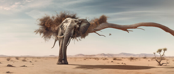 elephant stability dream surrealism surreal tree solitude concept impossible nature. Generative AI. - obrazy, fototapety, plakaty