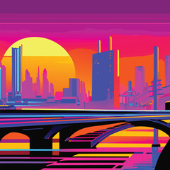 Futuristic city. Cyberpunk cityscape, bright and glowing neon purple and blue orange lights.