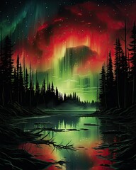 Fototapeta premium The water reflects a red and green aurora borealis. (Illustration, Generative AI)