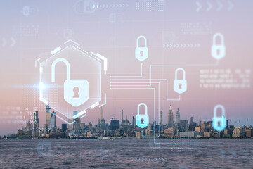 Fototapeta na wymiar New York City skyline from New Jersey over Hudson River with Hudson Yards skyscrapers at sunset. Manhattan, Midtown. The concept of cyber security to protect confidential information, padlock hologram