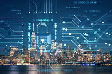 Skyline of New York City Financial Downtown Skyscrapers at night. Manhattan, NYC, USA. View from New Jersey. The concept of cyber security to protect confidential information, padlock hologram