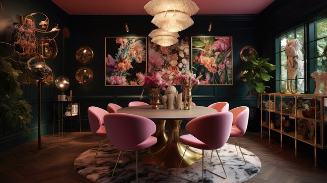 Interior design inspiration of Eclectic Glam style home dining room loveliness decorated with Velvet and Brass material and Statement Art .Generative AI home interior design .
