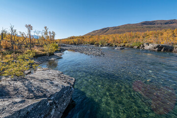 Fototapeta na wymiar Autum Abisko Canyon River Abiskojakka National Park, Norrbottens, Norrbottens Lapland landscape north of Sweden