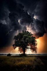 Fototapeta na wymiar Solitary Tree Amidst Thunderstorm with Striking Lightning