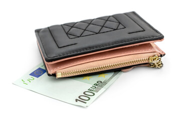 Small women wallet with euro bill on a white background.