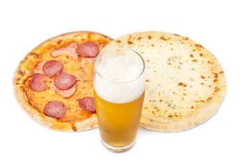 Glass of beer with pizzas on a white background.