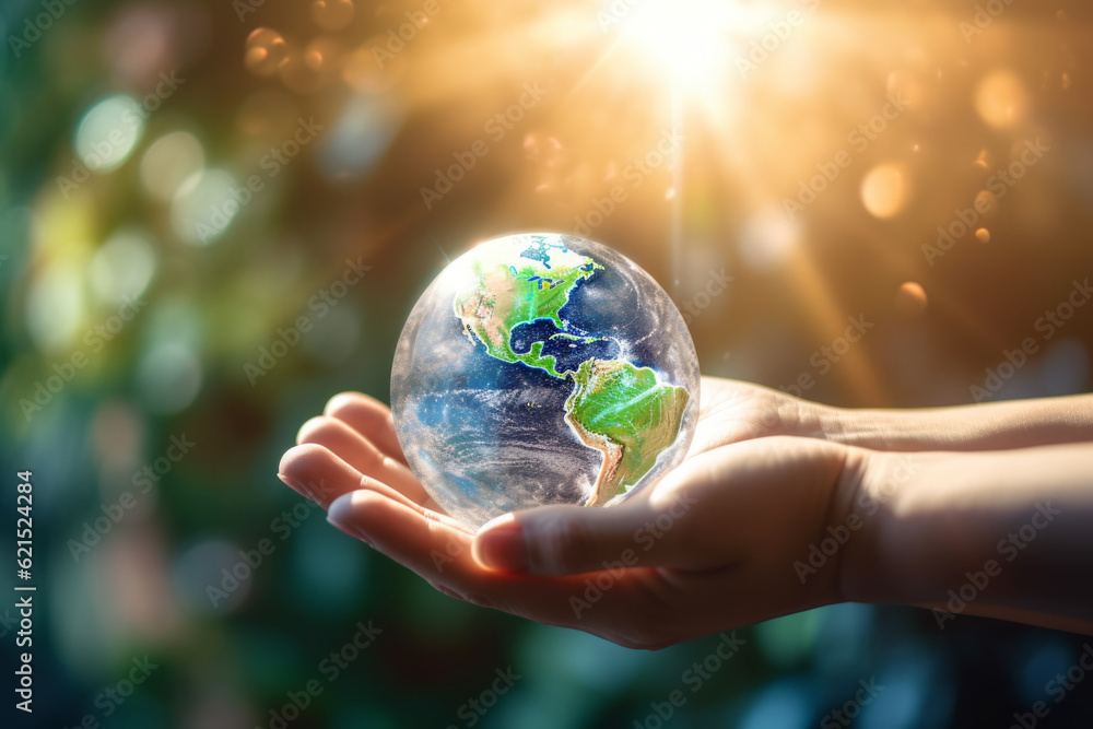 Poster small globe in a hand, with the sun setting in the background. vulnerability of our planet and the n