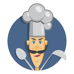Cartoon cook in chef hat with spoon, ladle. Chef icon, flat vector illustration.