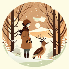 Cute romantic cute girl in the forest, winter vector design.New year themed hand drawn illustration.