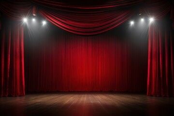Empty theater stage with red velvet curtains. Red curtains on magic theater stage spotlight show