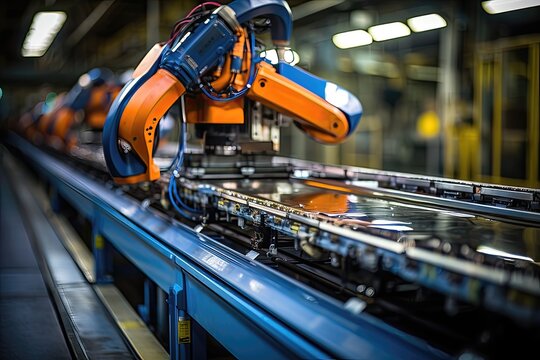 Robotic arm on conveyor belt in factory, industry 4.0 concept