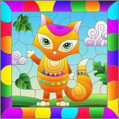 An illustration in the style of a stained glass window with bright cartoon fox on a background of blue sky and leaves in a bright frame