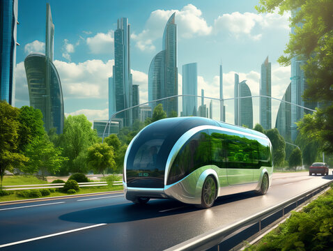 Eco bus on the background of the streets of the city of the future. The concept of ecological urban transport. Generative AI.