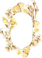 Watercolor frame with yellow dry leaves, hydrangea, perfect for wedding invitation, baby shower, save the date card, Mother's Day, floral clipart, autumn flowers