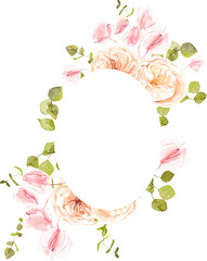 Watercolor frame with beige roses,  green leaves and pink flowers, perfect for wedding invitation, baby shower, save the date card, Mother's Day, floral clipart, summer flowers