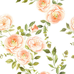 Watercolor seamless pattern with pink roses and green leaves, fashion textile, background, wedding invitation, baby shower, bridal shower greeting card