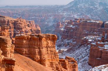 Amazing panoramic view of winter Charyn Canyon in Charyn National Park, Kazakhstan..