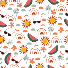 Summer seamless surface pattern of suns, rainbows, watermelons, sunglasses. Whimsical arrangement of babyish and infantile motifs