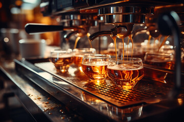Fototapeta na wymiar Aromatic Awakening Captivating close up of a coffee machine extracting flavorful espresso Generative AI